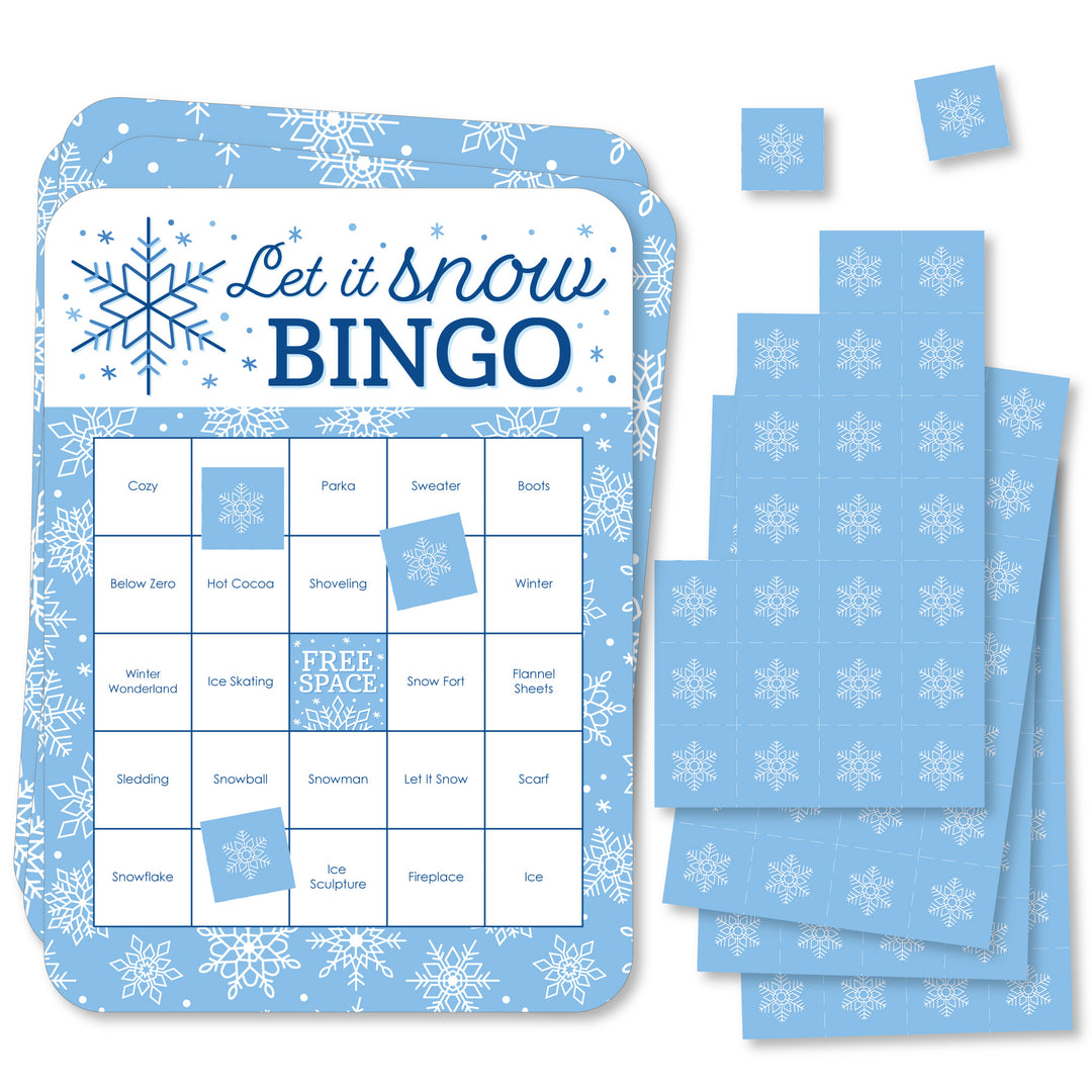 A set of rectangular bingo cards with blue snowflake patterns and a call sheet, including markers for a winter holiday party game.