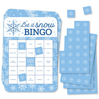 A set of rectangular bingo cards with blue snowflake patterns and a call sheet, including markers for a winter holiday party game.