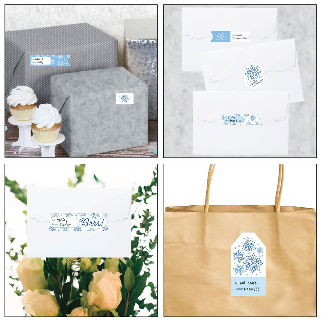 Blue Snowflakes - Assorted Winter Holiday Party Gift Tag Labels - To and From Stickers - 12 Sheets - 120 Stickers