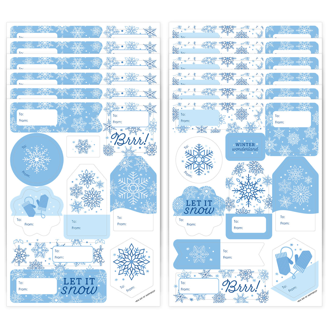 A set of blue and white snowflake-themed 'To and From' gift tag stickers printed on paper, with some featuring snowflake patterns and text elements like 'Bar!' and 'Let it snow'.