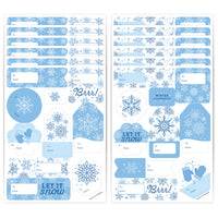 A set of blue and white snowflake-themed 'To and From' gift tag stickers printed on paper, with some featuring snowflake patterns and text elements like 'Bar!' and 'Let it snow'.