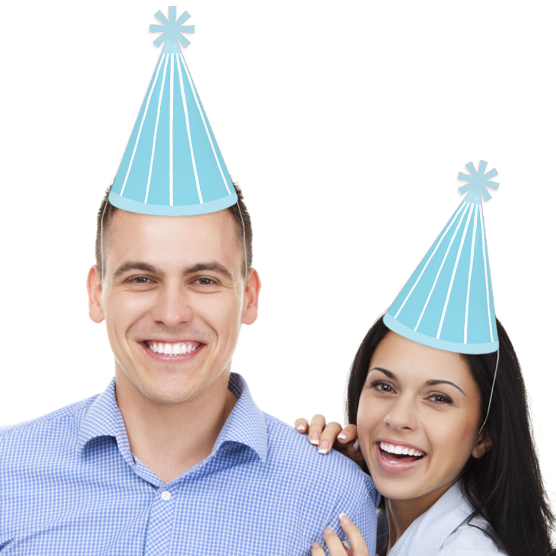 Blue Stripes - Cone Happy Birthday Party Hats for Kids and Adults - Set of 8 (Standard Size)