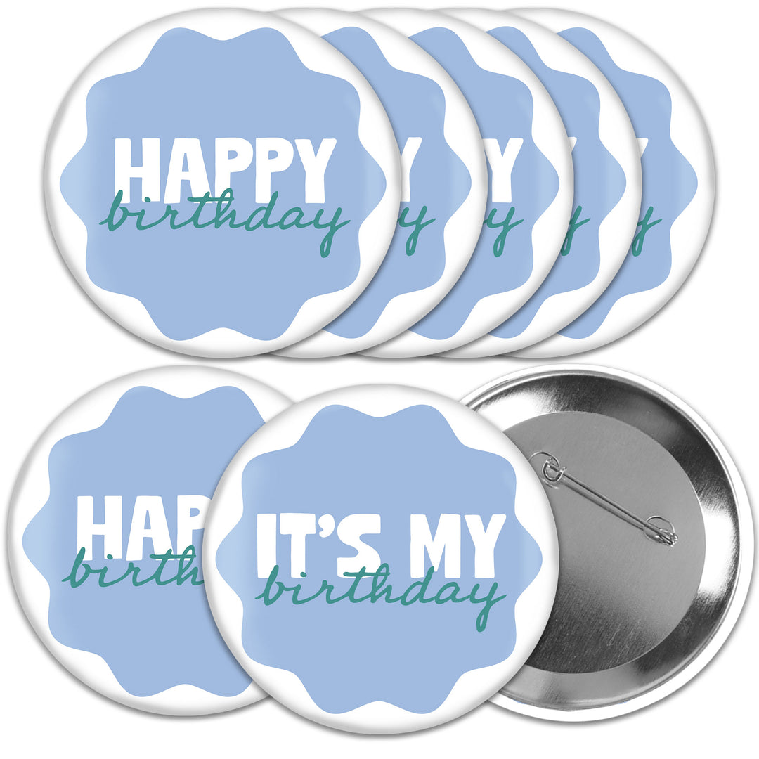 Blue and teal wavy birthday buttons set main image