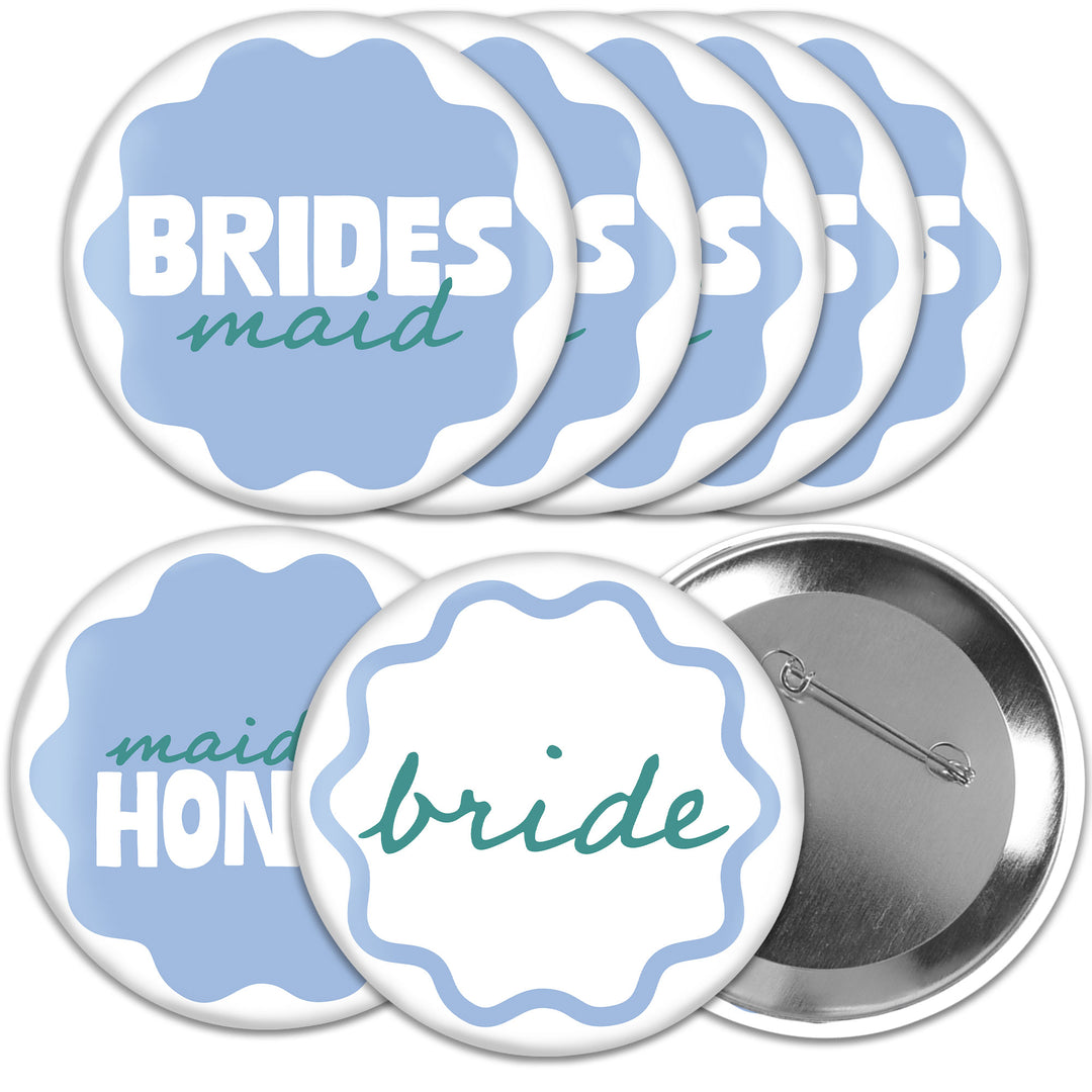 Blue and teal bridal party buttons set main image