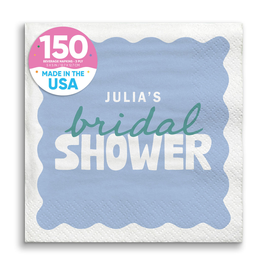 Blue and Teal Custom bridal shower beverage napkins 150 Count