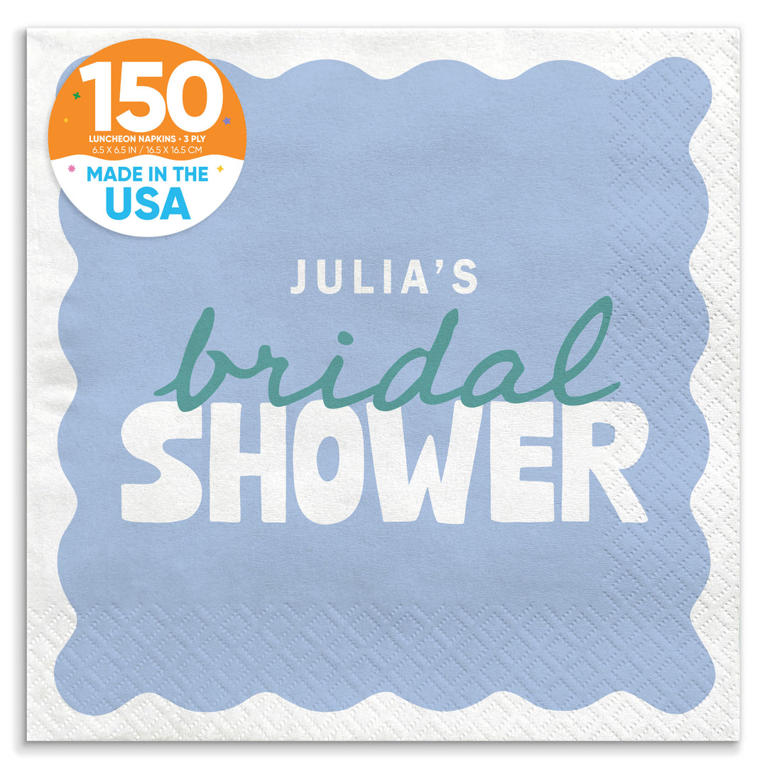 Blue and Teal Custom bridal shower beverage napkins 150 Count