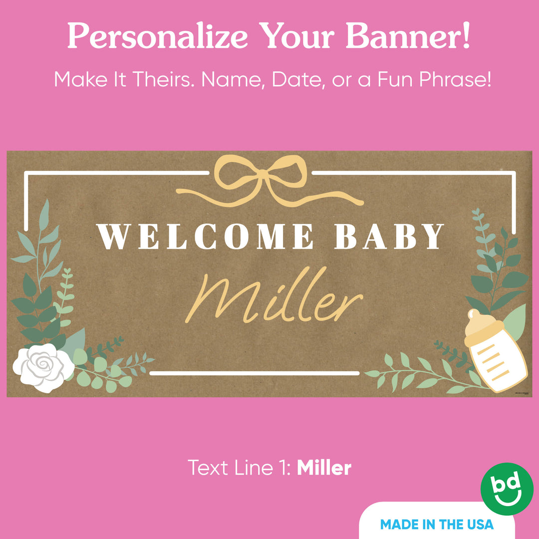 Custom baby name detail on boho baby shower banner