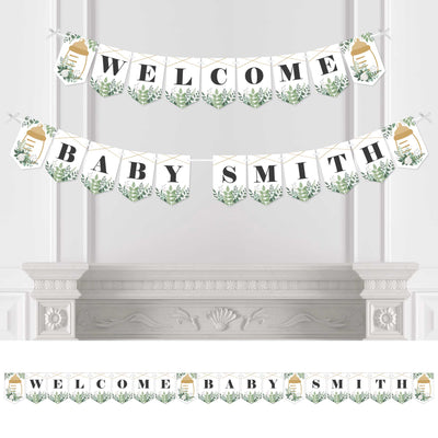 Personalized Boho Botanical Baby - Custom Greenery Baby Shower Bunting Banner and Decorations - Welcome Baby Custom Name Banner