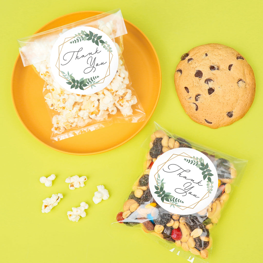 Boho Botanical Thank You Wedding Stickers & Clear Cookie Bags - 25 Ct