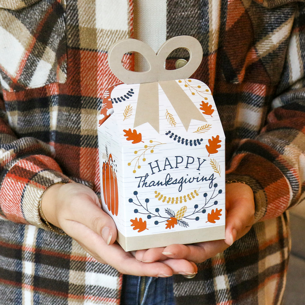 Happy Thanksgiving - Square Favor Gift Boxes - Fall Harvest Party Bow Boxes - Set of 12
