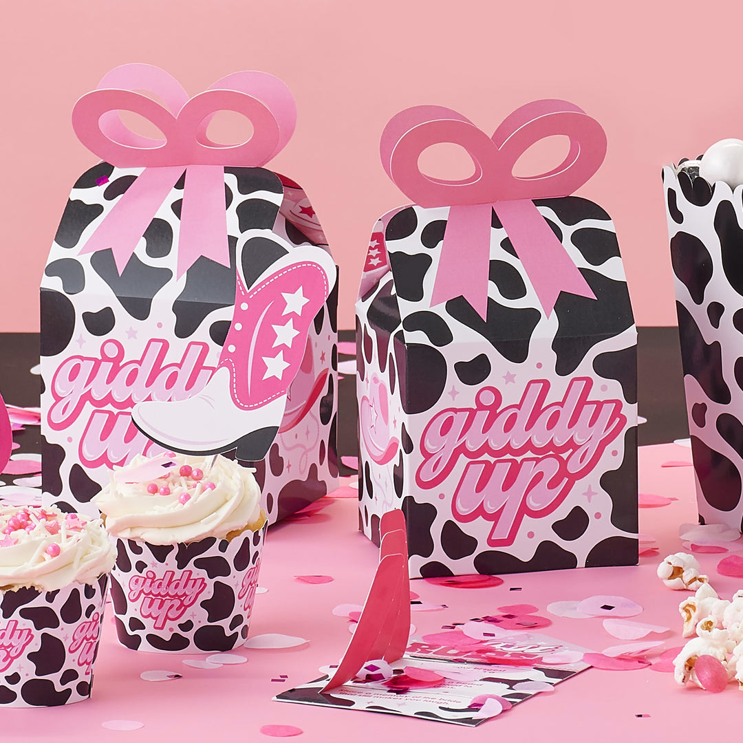 Rodeo Cowgirl - Square Favor Gift Boxes - Pink Western Party Bow Boxes - Set of 12