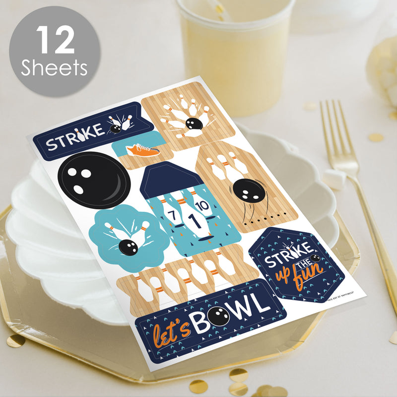 Strike Up the Fun - Bowling - Birthday or Baby Shower Party Favor Sticker Set - 12 Sheets - 120 Stickers
