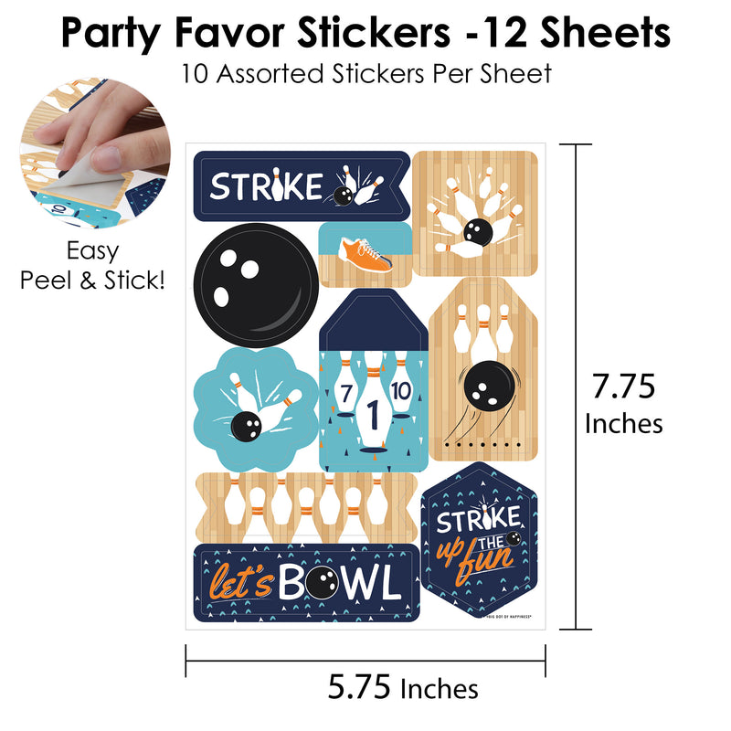 Strike Up the Fun - Bowling - Birthday or Baby Shower Party Favor Sticker Set - 12 Sheets - 120 Stickers
