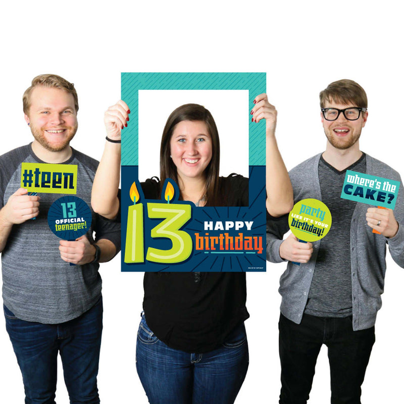 Boy 13th Birthday - Official Teenager Birthday Party Selfie Photo Booth Picture Frame and Props - Printed on Sturdy Material