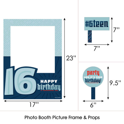 Boy 16th Birthday - Sweet Sixteen Birthday Party Selfie Photo Booth Picture Frame and Props - Printed on Sturdy Material