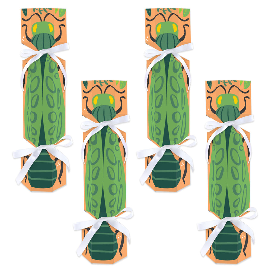 Set of 12 party favor boxes designed to look like candy with a bug pattern, printed on cardstock paper with satin ribbons.