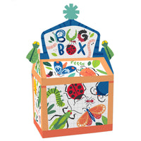 A colorful treat box party favor with a 'BUG BOX' title and various illustrated insects on the sides.