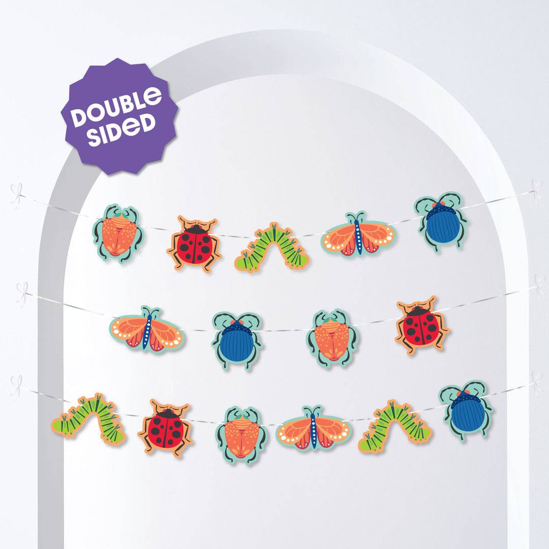 15-piece bug themed party garland banner with butterflies, beetles, and insects.