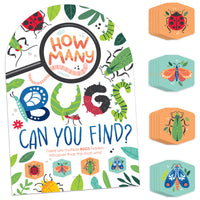 A children's birthday party game called 'How many BUG can you find?' with colorful illustrations of various insects and a stand with game instructions. The set includes 48 hexagon game pieces.