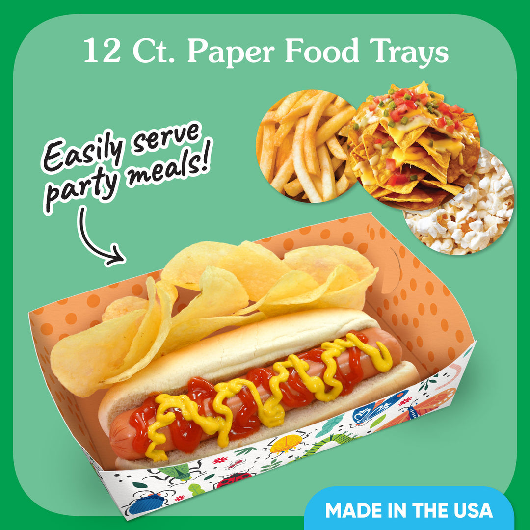 Insect themed paper food trays for bug party snacks and meals.