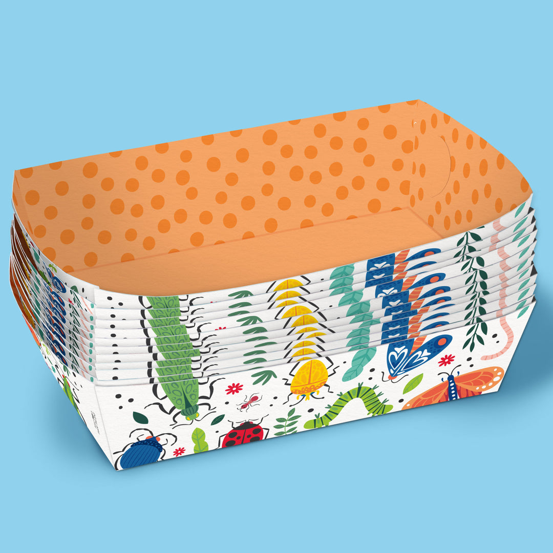 Disposable bug party paper snack trays for children’s party table decor.