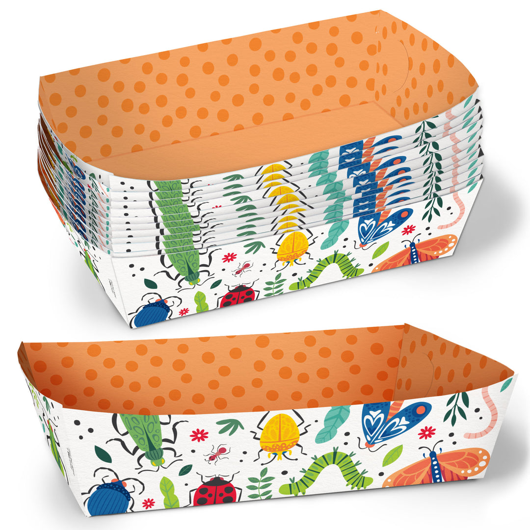 Bug party paper food trays – disposable insect themed snack boats for children’s bug themed party.