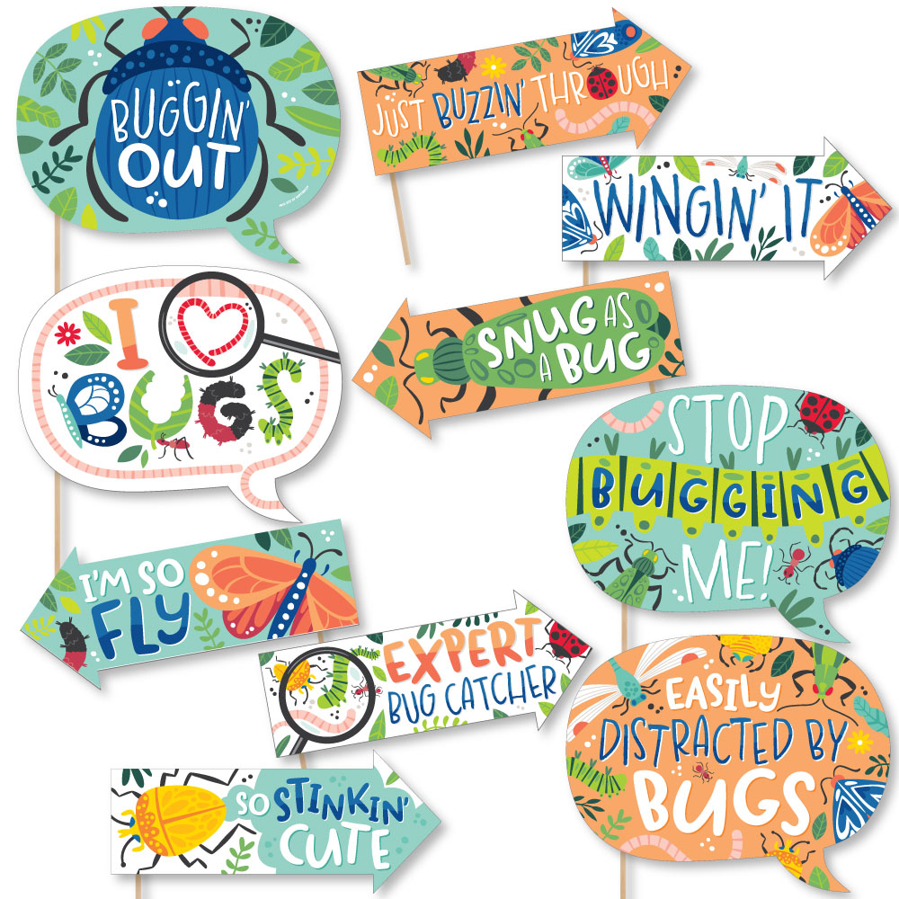 A set of colorful photo booth props with various playful captions related to bugs, designed for a children's birthday party.