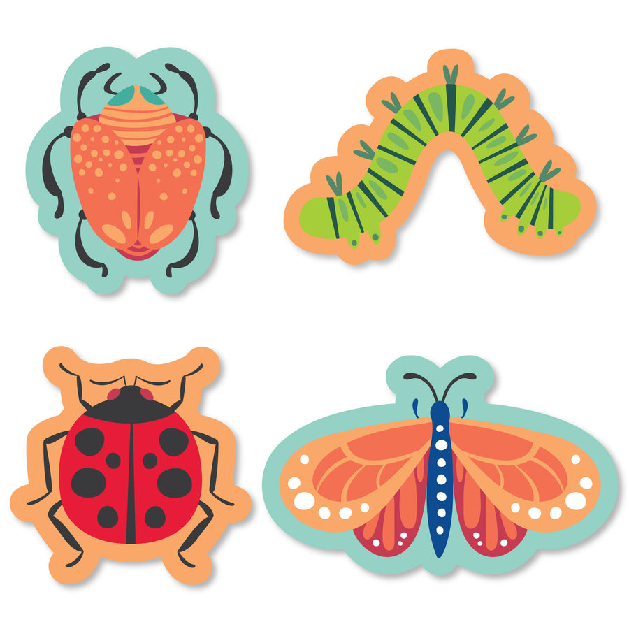A set of colorful paper cut-outs in the shapes of different bugs, including a beetle, caterpillar, ladybug, and moth, intended for birthday party decorations.