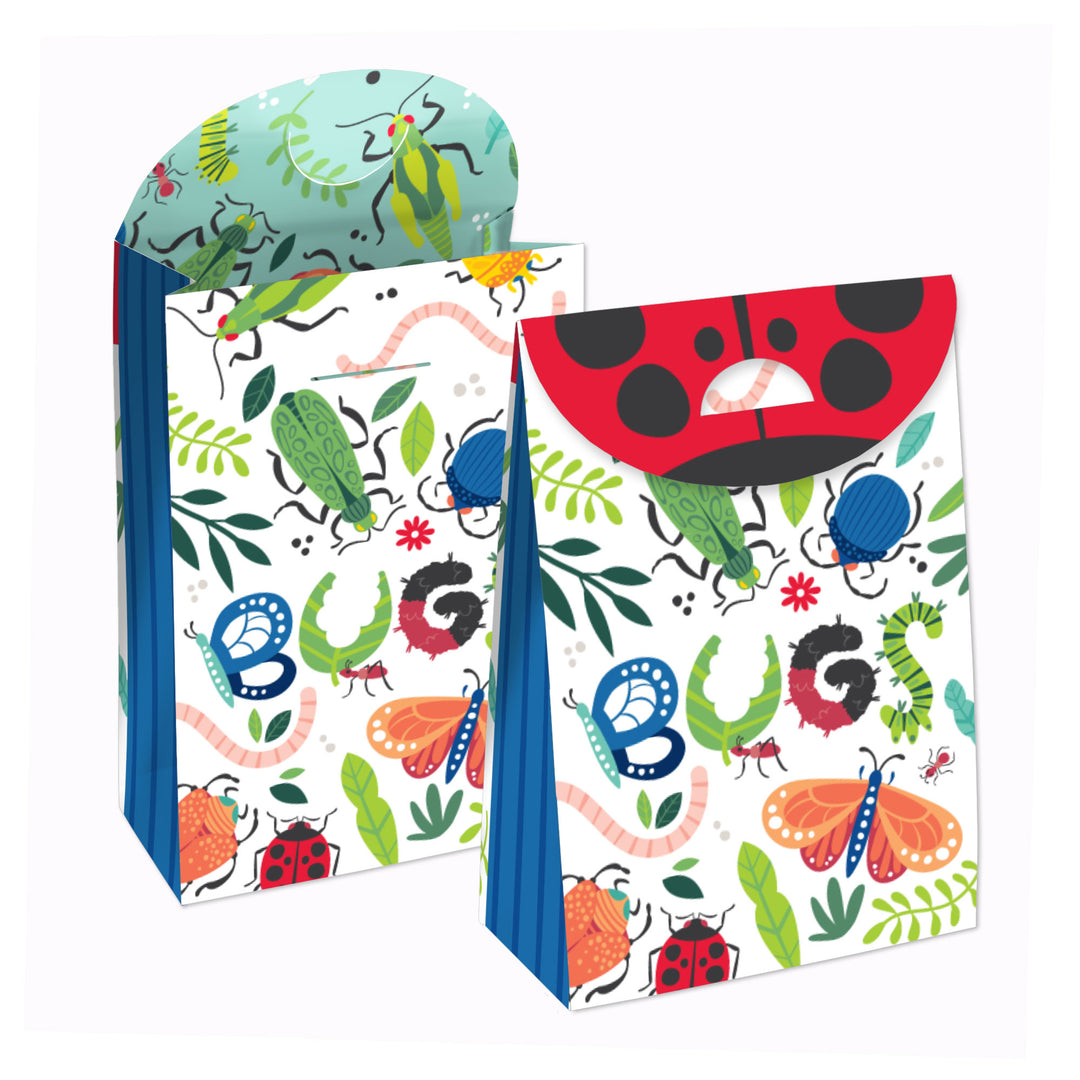 A set of colorful party favor bags with a bug theme, including designs such as a ladybug, caterpillar, and various leaves.