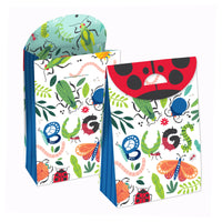 A set of colorful party favor bags with a bug theme, including designs such as a ladybug, caterpillar, and various leaves.