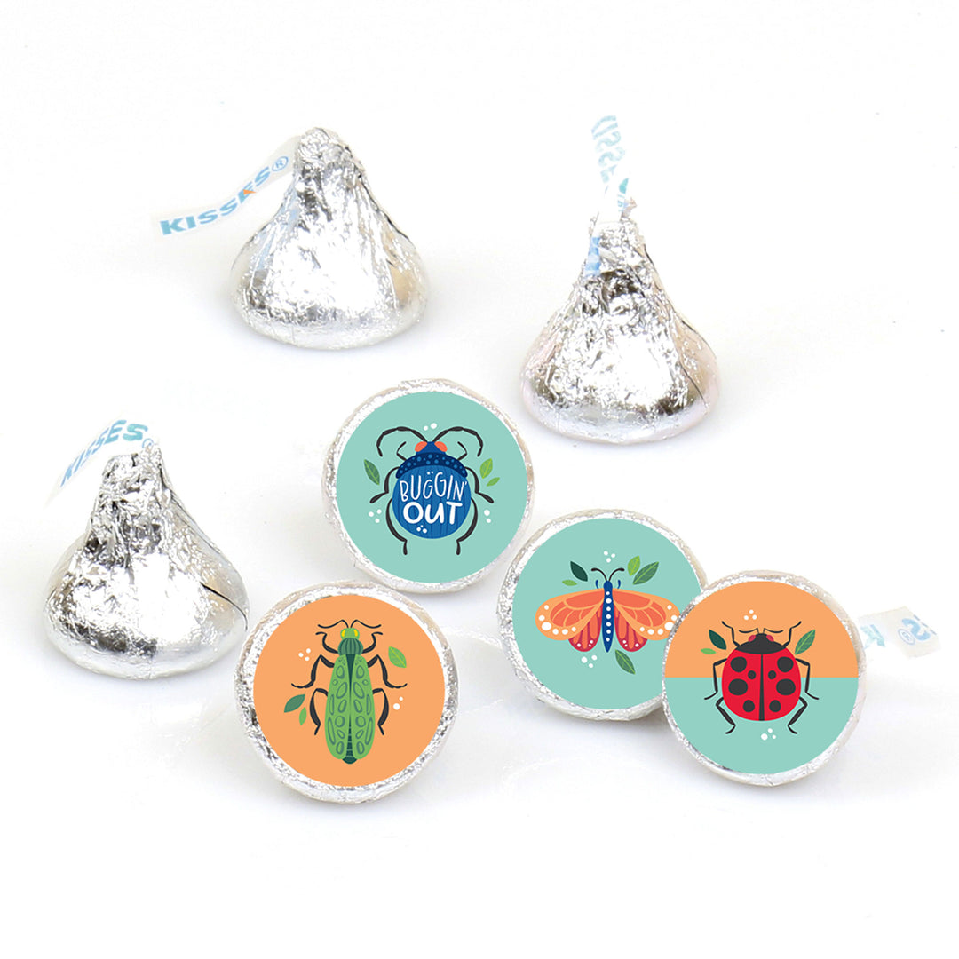 Assorted round candy stickers with colorful bug illustrations, designed for a children's birthday party.