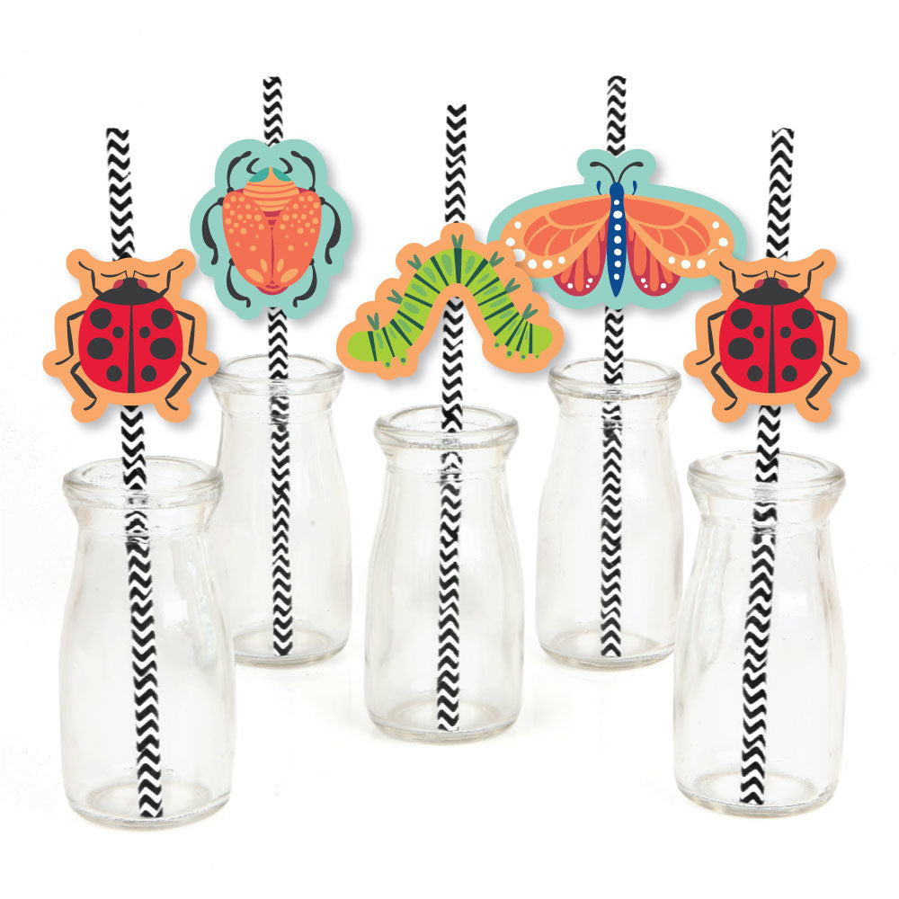 A set of decorative paper straw tags with various colorful bug shapes, including ladybugs and beetles, displayed on clear straws attached to each other with clear stickers.