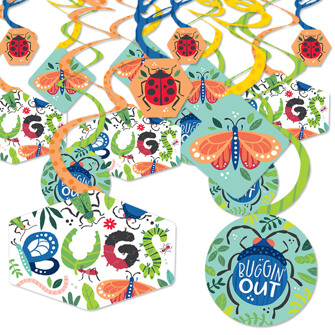 A set of colorful party decoration swirls with various bug designs, including ladybugs and butterflies, intended for a children's birthday party.