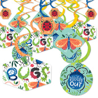 A set of colorful party decoration swirls with various bug designs, including ladybugs and butterflies, intended for a children's birthday party.