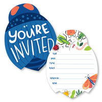 A set of colorful, bug-shaped fill-in invitations for a Bugs Birthday Party, including a space to write in the party details and an envelope.