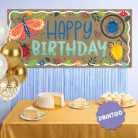 Insect birthday party backdrop with butterflies and ladybugs