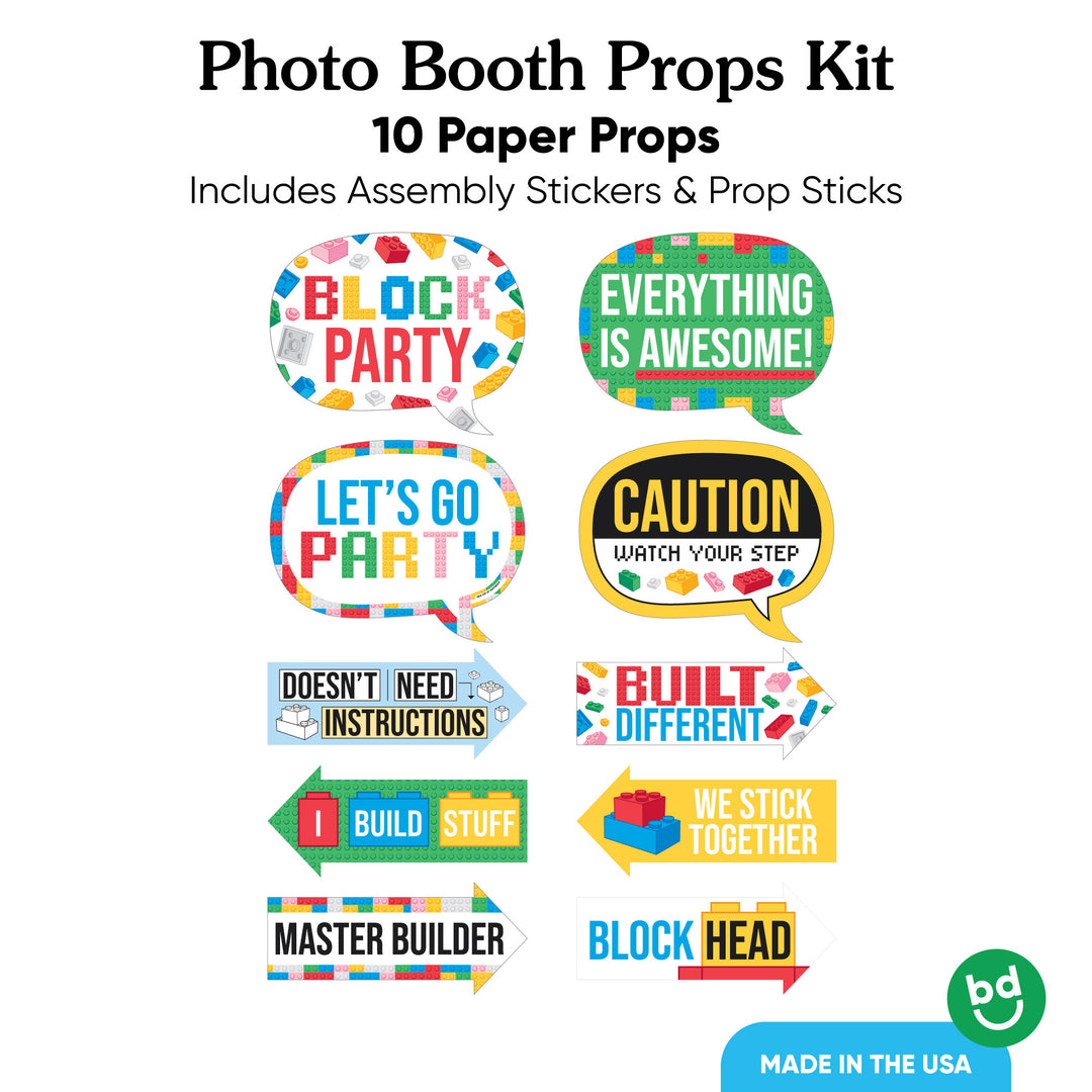 Kids Birthday building blocks party Photo booth props kit with colorful paper props on a white background