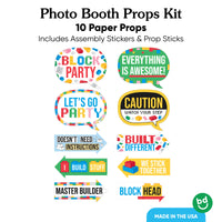 Kids Birthday building blocks party Photo booth props kit with colorful paper props on a white background