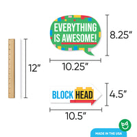 Colorful speech bubble photo prop with 'Everything is Awesome!' text, dimensions, and Block Head branding on a white background.
