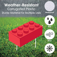 Red weather-resistant plastic block yard sign on grass with waterproof, rain, wind, and snow icons.