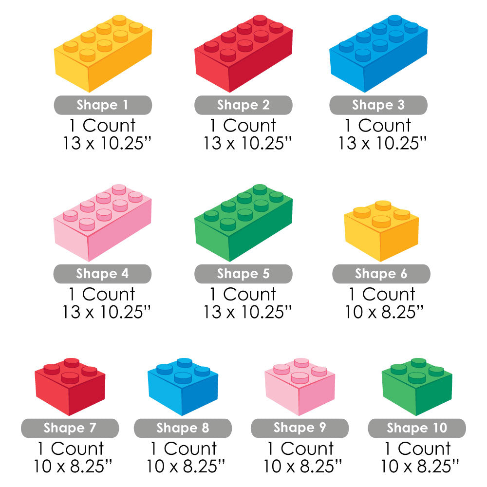 Set of colorful building blocks signs with dimensions labeled below each block on a white background.
