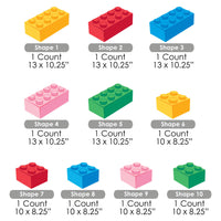 Set of colorful building blocks signs with dimensions labeled below each block on a white background.