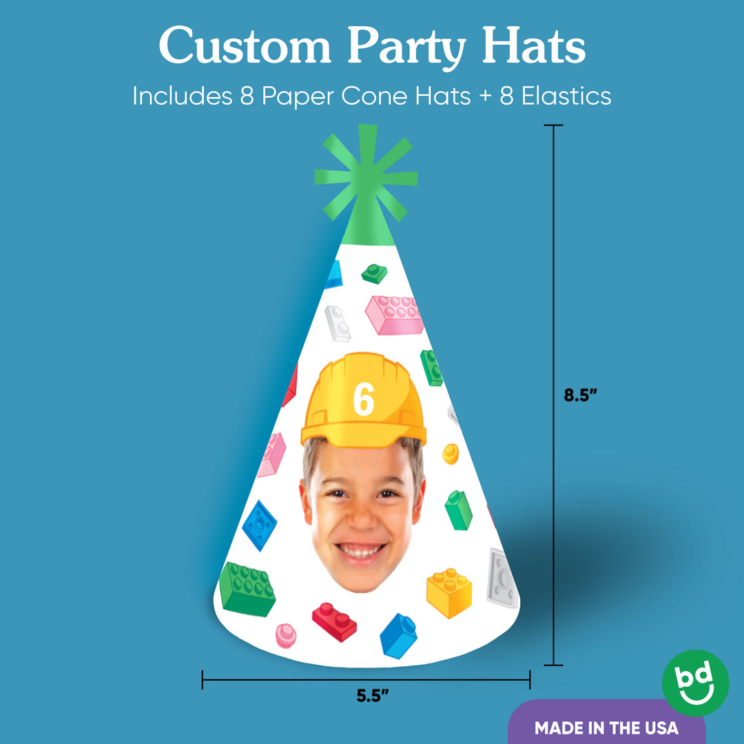 Custom Face Building Blocks Cone Hat - 8 Ct