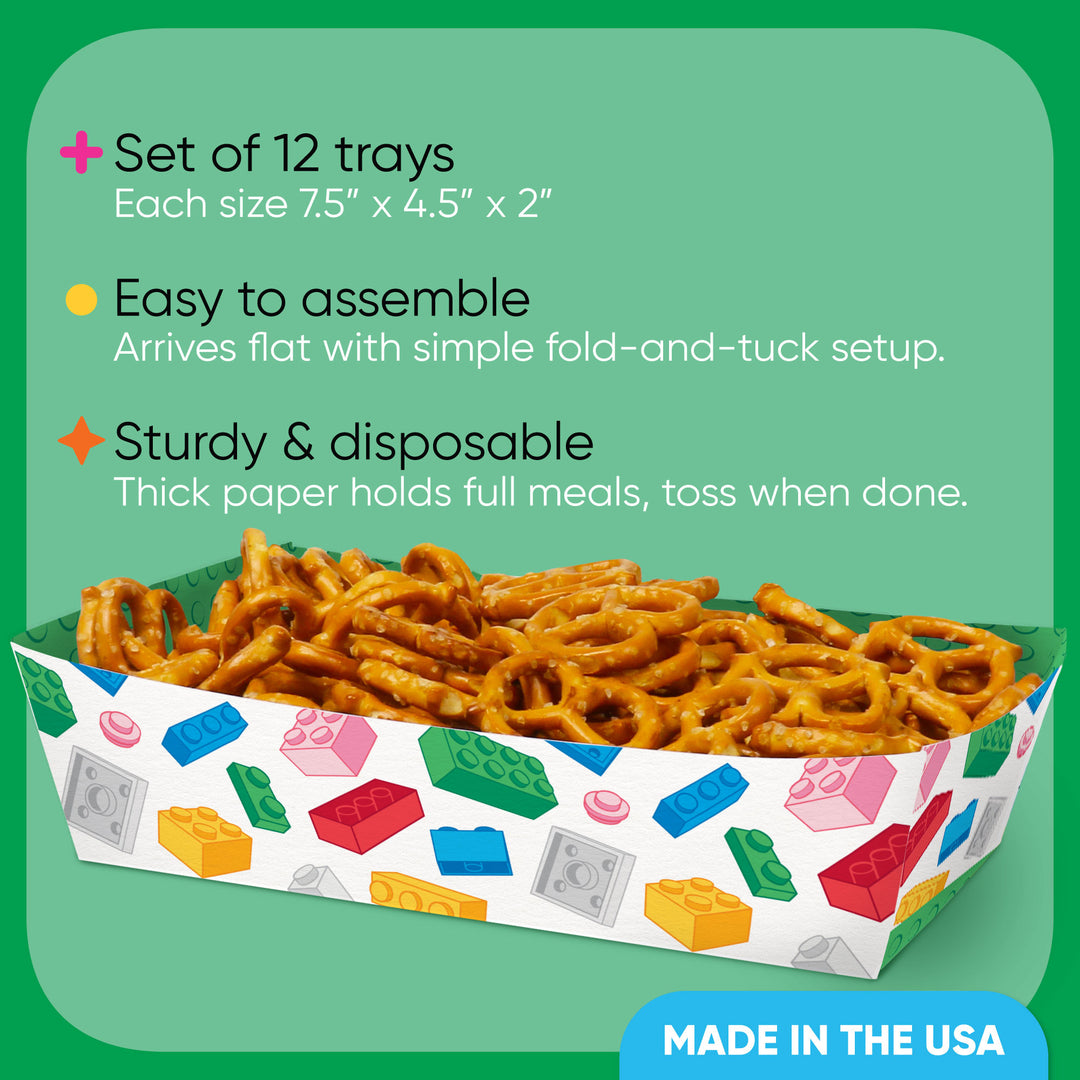 Set of 12 disposable paper trays with colorful design, text detailing features on a green background.