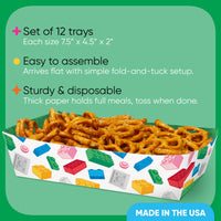 Set of 12 disposable paper trays with colorful design, text detailing features on a green background.