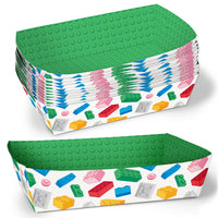 Stack of green and white paper food trays with a colorful building block pattern  for a kids birthday on a white background