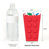 Red popcorn favor box next to a water bottle with dimensions indicated