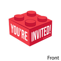 Red brick-shaped invitation with 'YOU'RE INVITED!' text on a white background