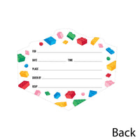 Invitation card with colorful Lego block design on a white background