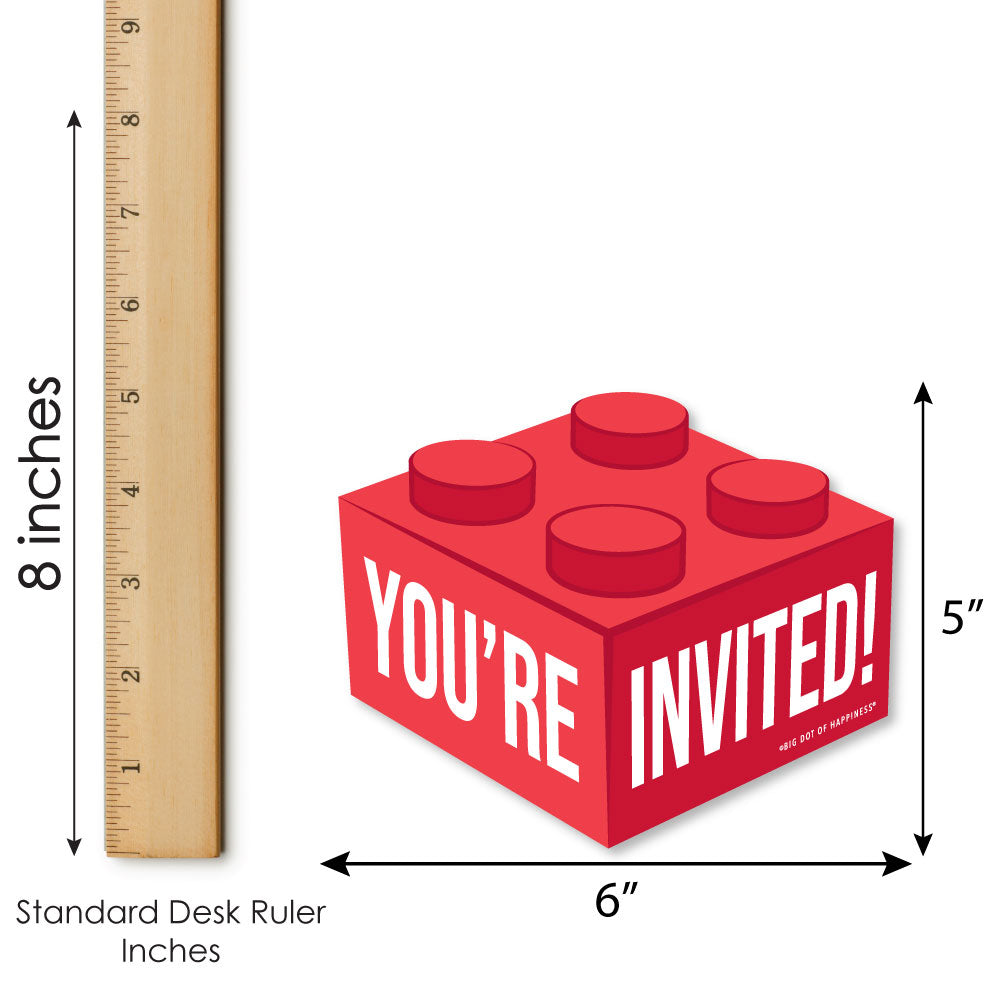 Red brick-shaped card with 'YOU'RE INVITED!' text, shown with a ruler for size reference.
